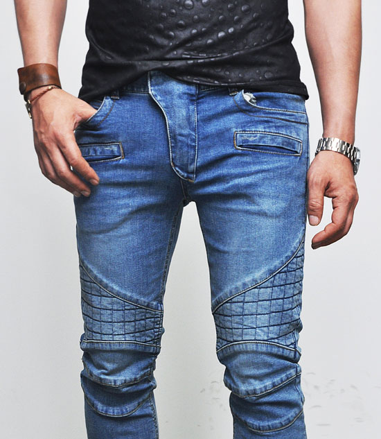 Bodyskimming Mens Skinny Quilted Vintage Blue Biker Spandex Jeans by